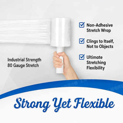Pro Level Mini Stretch Wrap With No Sweat Handle 5 Inch By 1000 Feet 80 Gauge Cast Film 8 Pack with integrated handle for easy use.