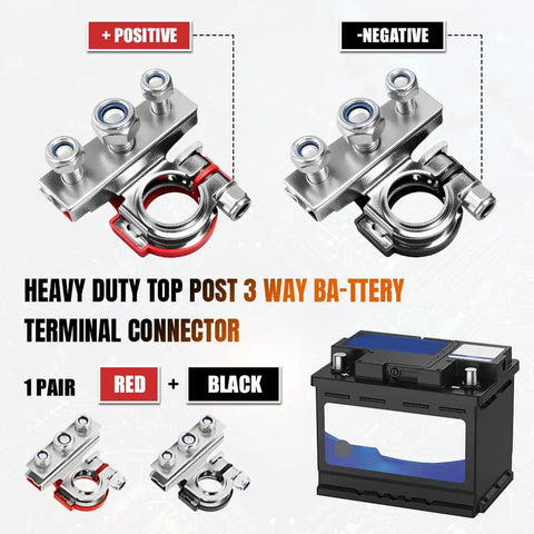 12V Top Post Battery Terminal Kit 2 Pack With 3 Way Quick Release Connectors For Car Cables Copper Tin Plated Poles