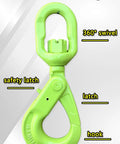 Badass Heavy Duty Swivel Lifting Hook 17637 Lbs Capacity With Spring Loaded Self Lock For Industrial Hoisting And Heavy Cargo Rigging Built Like A Tank To Crush Any Load No Sweat, 360-degree swivel, safety latch, durable green finish.
