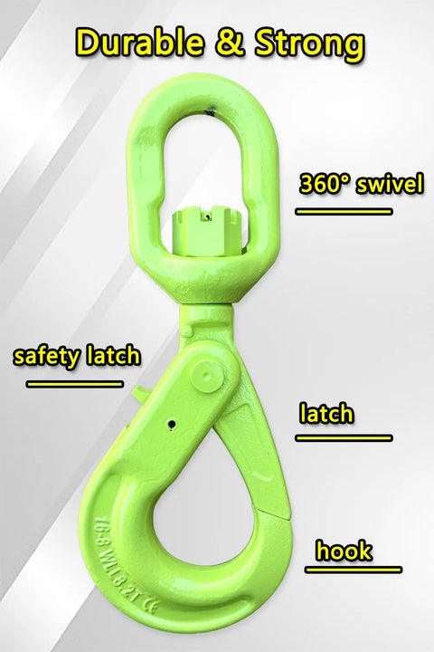 Badass Heavy Duty Swivel Lifting Hook 17637 Lbs Capacity With Spring Loaded Self Lock For Industrial Hoisting And Heavy Cargo Rigging Built Like A Tank To Crush Any Load No Sweat, 360-degree swivel, safety latch, durable green finish.