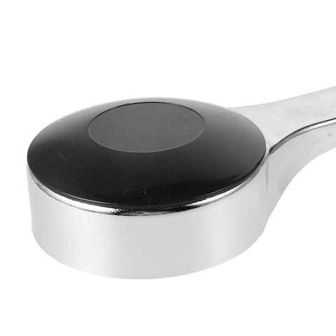 Close-up of Heavy Duty L Shaped Hand Crank Wheel With Knob For Mobile Shelving Archives, showing matte black and shiny chrome finish.