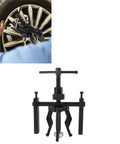 Heavy-Duty 3-Jaw Inner Bearing Puller Tool Set For Removing Sleeve Bushings And Car Auto Motorcycle Parts, shown in use on a wheel.