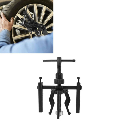 Heavy-Duty 3-Jaw Inner Bearing Puller Tool Set For Removing Sleeve Bushings And Car Auto Motorcycle Parts, shown in use on a wheel.