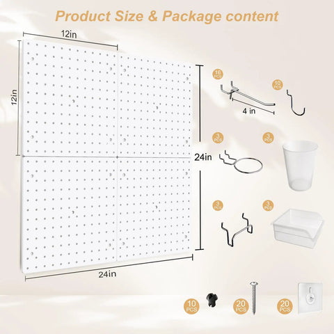 Peg Board Kit With Hooks And Accessories Four White Peg Boards Wall Organizer for office and workshop, size and components shown.