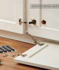Spring Loaded Cabinet Hinge Repair Pins For Stripped Screw Holes Gold Plastic And Metal Anchor Kit 24 Pack Universal Fit For Standard Kitchen And Bathroom Hinges Quick Install shown repairing a white cabinet door hinge