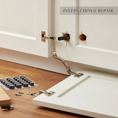 Spring Loaded Cabinet Hinge Repair Pins For Stripped Screw Holes Gold Plastic And Metal Anchor Kit 24 Pack Universal Fit For Standard Kitchen And Bathroom Hinges Quick Install shown repairing a white cabinet door hinge