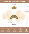 Brushed Gold Sputnik Flush Mount Ceiling Light With Six Milk Glass Globes, dimensions shown, mid century modern fixture
