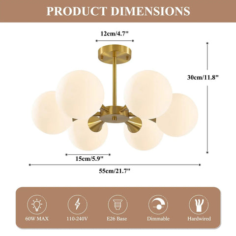 Brushed Gold Sputnik Flush Mount Ceiling Light With Six Milk Glass Globes, dimensions shown, mid century modern fixture