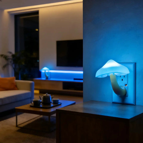 4 Pack Mushroom Night Lights Plug In Sensor Lamps With Auto On Off In The Dark Color Changing LED illuminating a modern living room wall