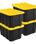 4 Pack 27 Gallon Heavy Duty Industrial Storage Tote With Lids, stackable black and yellow plastic bins, garage organization