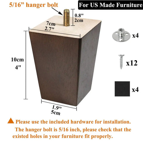 4 Inch Wood Furniture Legs Set Of 6 Square Couch Legs For Sofa Armchair Dresser And Sideboard Replacement Mid Century Modern Durable Rubber Wood With Hardware Included, shown in walnut finish with dimensions and screws.