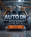 AUTO DN performance cart rear view showing suspension, tires, and branding. Ideal for budget-friendly performance vehicles.