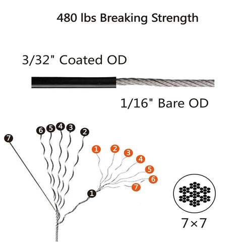 Diagram of 164 ft nylon-coated stainless steel wire rope for All In One Outdoor Globe String Light Kit with 7x7 strands and measurements.
