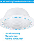 6 Inch White Recessed Light Trim with Detachable Ring and Step Baffle, full metal for 6 inch recessed can, DIY retrofit visible
