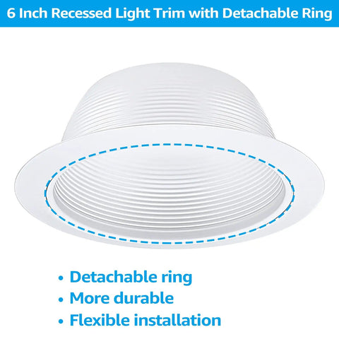 6 Inch White Recessed Light Trim with Detachable Ring and Step Baffle, full metal for 6 inch recessed can, DIY retrofit visible