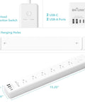 Zero Sweat Smart Power Strip Surge Protector With Six Independently Controlled Outlets, Four USB Ports Including One 20W Type C Rapid Charge, detailed view with ports and dimensions.