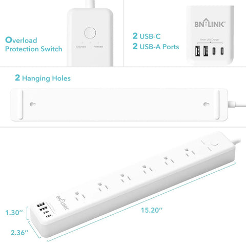 Zero Sweat Smart Power Strip Surge Protector With Six Independently Controlled Outlets, Four USB Ports Including One 20W Type C Rapid Charge, detailed view with ports and dimensions.