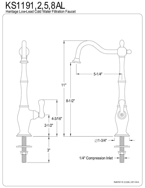 Technical drawing of Heritage Water Filtration Faucet in Oil Rubbed Bronze, Solid Brass, 11" spout height, 5.25" reach.