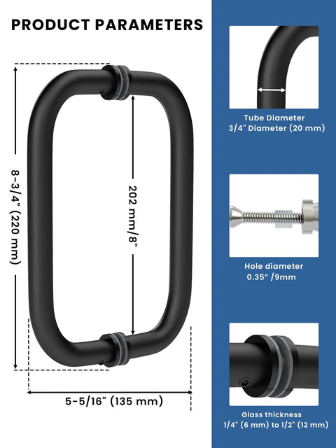 8 Inch Center-To-Center Shower Door Handle 304 Stainless Steel Back-To-Back Glass Pull For Frameless Sliding Bathrooms