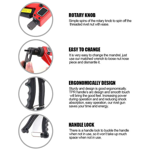 Infographic showing features of All In One 8 Inch Rivet Nut Kit With 8 Mandrels M3 M4 M5 M6 And 1/4-20 10-24 8-32 6-32