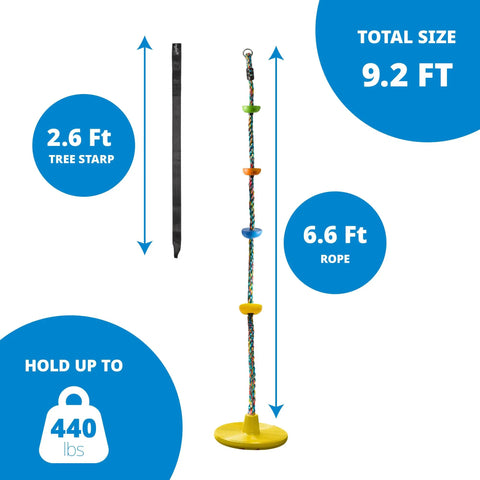 Kids Tree Swing With Disc Seat And Rainbow Climbing Rope Set Including Carabiner And 2.6 Foot Strap for Treehouse, playground