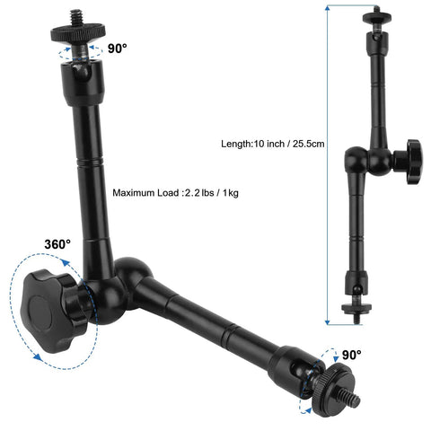 Magnetic Action Camera Mount For GoPro Hero Insta360 DJI Osmo AKASO With 10 Inch Adjustable Aluminum Arm shown at 90-degree angles