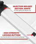 16 Foot Aluminum Leveling Rod With 5 Section Telescopic Design Dual Sided Feet And Tenths Scale Bubble Level With Carrying Case For Surveying Laser Alignment Walls And Floors Waterproof And Rustproof, aluminum section joint and locking button detail