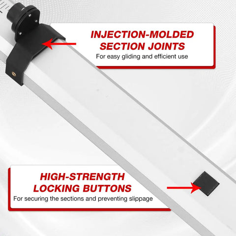 16 Foot Aluminum Leveling Rod With 5 Section Telescopic Design Dual Sided Feet And Tenths Scale Bubble Level With Carrying Case For Surveying Laser Alignment Walls And Floors Waterproof And Rustproof, aluminum section joint and locking button detail