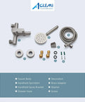 Brushed Nickel Tub Filler With Wall Mount And Handheld Sprayer, faucet body, hose, sprayer, and installation hardware.
