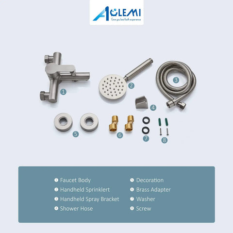 Brushed Nickel Tub Filler With Wall Mount And Handheld Sprayer, faucet body, hose, sprayer, and installation hardware.