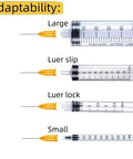 Box of 100 Sterile 25 Gauge 5/8 Inch Luer-Lock Dispensing Needles With Sealed Caps, Disposable Lab Must-Haves for Scientific Research, Industrial Use, Plant Cultivation, and Home Use. Adapter types shown with syringes