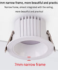 7mm narrow frame of recessed downlight showcasing anti-glare design, part of 12 Pack Recessed Downlights With 7W Or 12W Choices 3CCT Dimmable 3000K To 6000K Narrow Edge Anti Glare Baffle Trim For Hassle Free Retrofit Ceiling Refresh And Precise Flush Mount Fit.