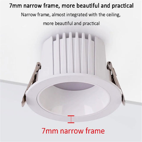 7mm narrow frame of recessed downlight showcasing anti-glare design, part of 12 Pack Recessed Downlights With 7W Or 12W Choices 3CCT Dimmable 3000K To 6000K Narrow Edge Anti Glare Baffle Trim For Hassle Free Retrofit Ceiling Refresh And Precise Flush Mount Fit.