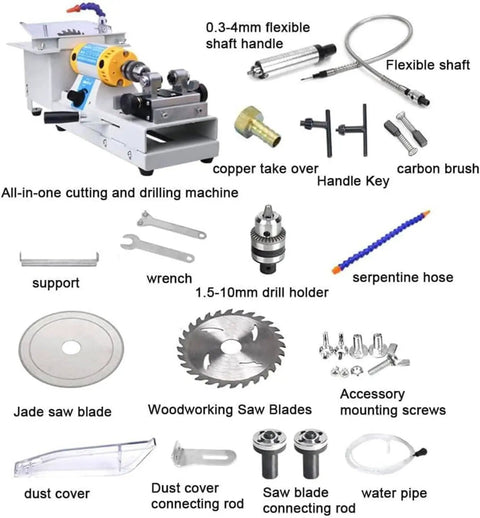 Image of All In One Jewelry Polisher And Bench Grinder For DIY Lapidary Projects with components like drill holder and saw blades