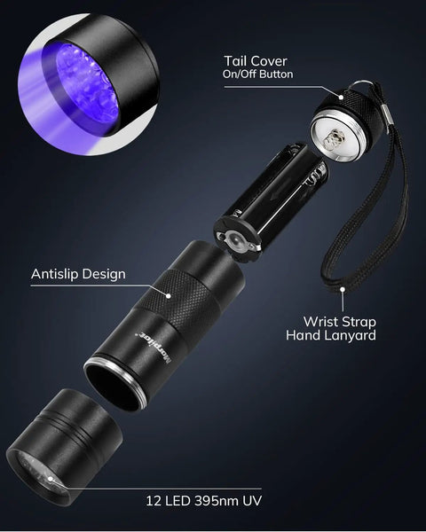 Disassembled view of Ultraviolet Blacklight Flashlight Set Of 2 with 12 LED 395nm UV light, showing details like tail cover and wrist strap.