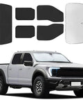 Ford F-150 Four-Door Privacy Window Shade Set For 2021-2025 laid out with truck, Six-Piece Full Coverage Sunshades visible