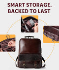 Genuine Burgundy Leather Laptop Backpack For Work And Travel On The Go, 15.6 Inch Pro Grade Office Bag showing compartments and details