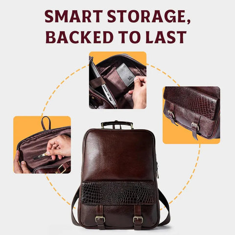 Genuine Burgundy Leather Laptop Backpack For Work And Travel On The Go, 15.6 Inch Pro Grade Office Bag showing compartments and details