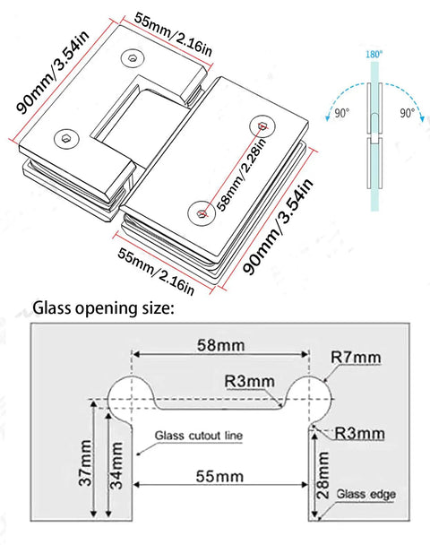 Diagram of 180 Degree Frameless Shower Door Hinge Set In Black Finish, Heavy Duty 304 Stainless Steel Glass To Glass Pivot For 8-12 mm Doors, 2 Pack, with dimensions.