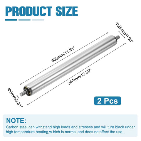 Stainless Steel Conveyor Roller 1 Inch Diameter 12 Inch Length Gravity Transmission Replacement Part Pack Of 2 With Galvanized End Silver Finish For Industrial Warehousing And Assembly Lines, showing measurements.