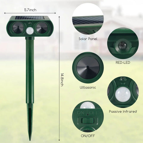 Solar Ultrasonic Outdoor Animal Deterrent With Motion Sensor IP65 Waterproof Garden Repeller, 14.8-inch stake