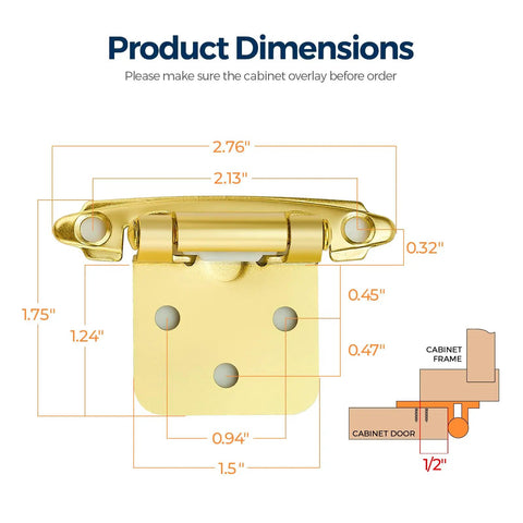 Heavy Duty Gold Cabinet Hinges Half Inch Overlay 30 Pack With Black Screws And Silent Door Bumpers dimensions guidance diagram.