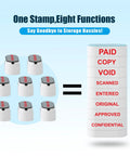 Image showing Solid Workhorse Eight In One Self Inking Office Stamp Set displaying eight functions with red ink on grey and white stamps.