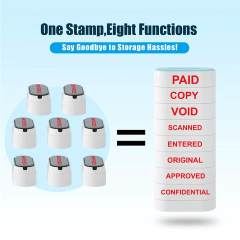 Image showing Solid Workhorse Eight In One Self Inking Office Stamp Set displaying eight functions with red ink on grey and white stamps.