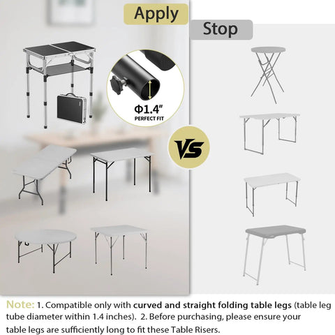 Knockout Black Table Leg Extenders And Adjustable Height Risers For Folding Tables showing fit comparison with different table styles.