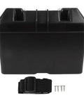 Heavy Duty Marine Battery Box Hella Durable ABS Shell Shockproof And Weatherproof 12V Battery Enclosure For RV Boat Trailer, black design with strap and screws.