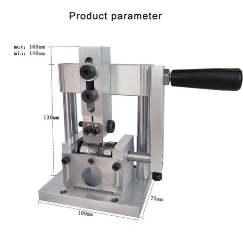 No Sweat Heavy Duty Copper Wire Stripping Machine With Handy Dandy Hand Grip and Power Drill Adapter, aluminum body, dimensions labeled.