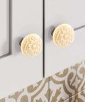 Cool Light Yellow Ceramic Drawer Knobs 10 Piece Bundle Comes With Solid Mounting Hardware displayed on cabinets.