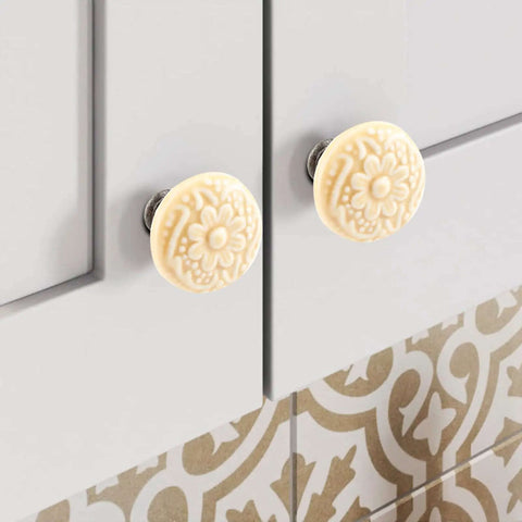 Cool Light Yellow Ceramic Drawer Knobs 10 Piece Bundle Comes With Solid Mounting Hardware displayed on cabinets.