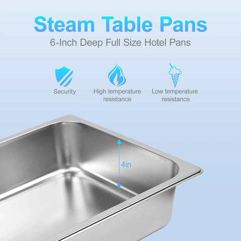 4-inch stainless steel steam table pan focus for 6 Pack Hotel Pans 1 By 1 Size 4 Inch Deep Stainless Steel Trays For Food 20.8 Inch Long By 13 Inch Wide Catering Table Pans For Hotels Restaurants Buffets Parties.